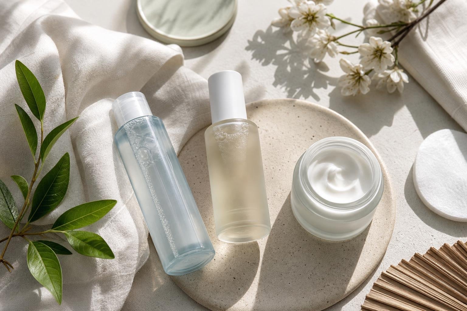 Original editorial illustration for K-beauty hydration routine essence moisturizer flat lay