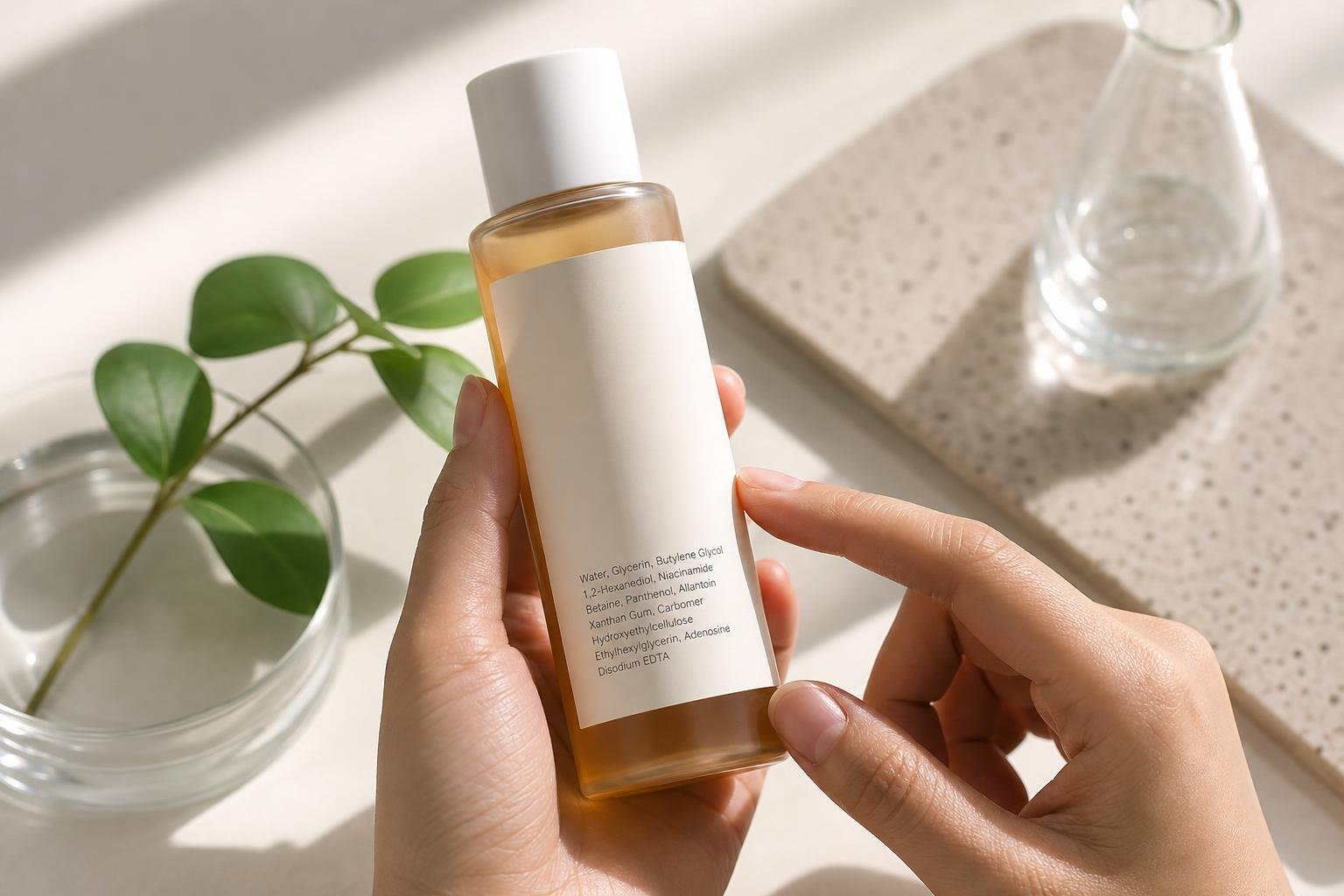 Original editorial illustration for cosmetic ingredient label close-up unbranded bottle