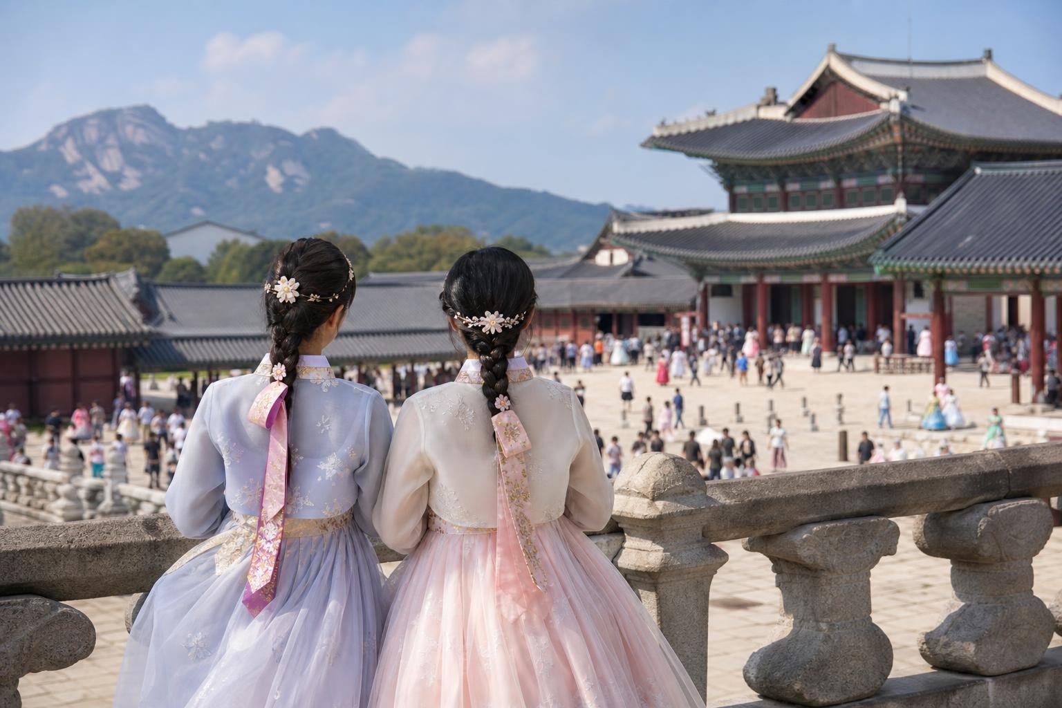 Original editorial illustration for Gyeongbokgung visitors hanbok licensed photo
