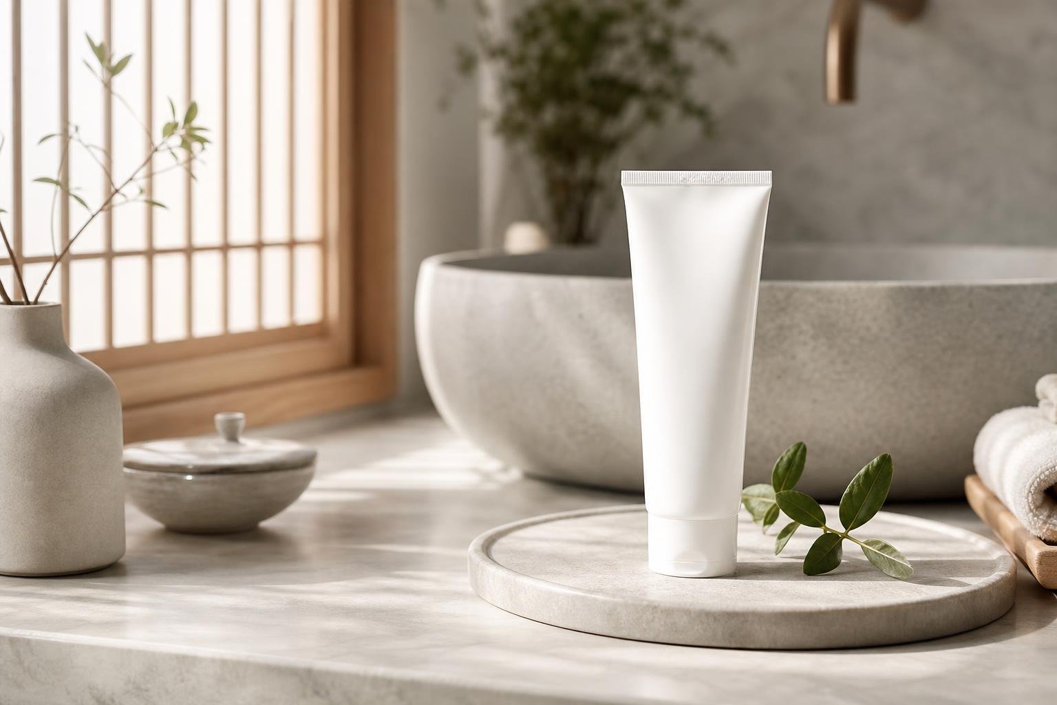 Original editorial illustration for Korean skincare moisturizer tube neutral bathroom