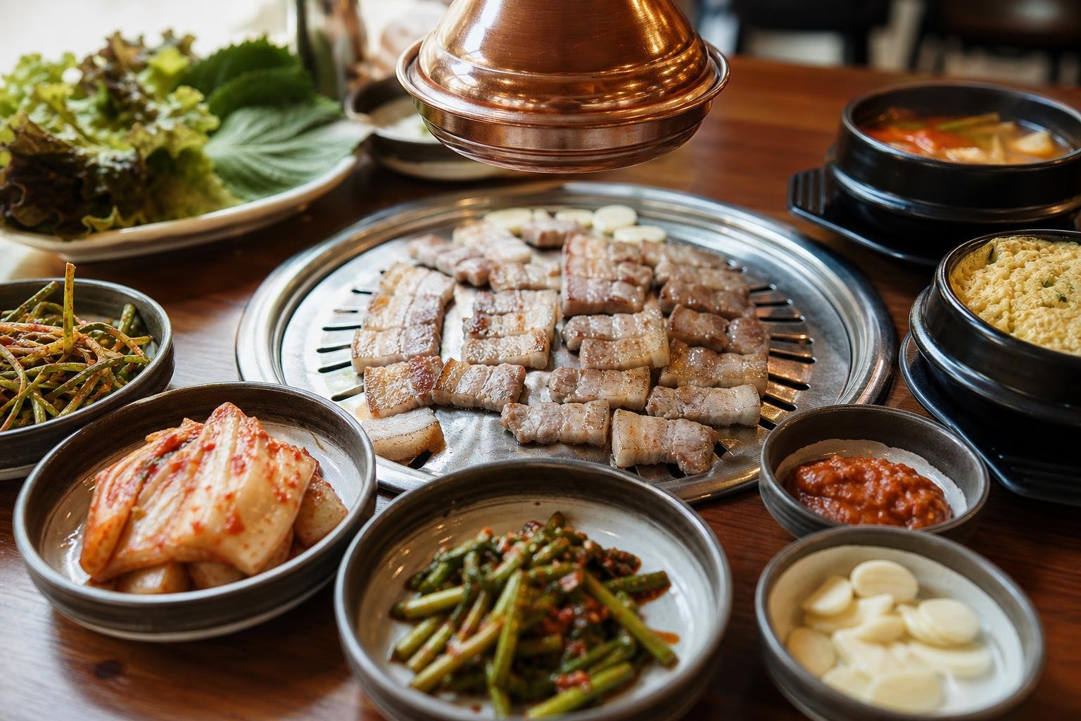 Original editorial illustration for Korean restaurant grilled pork belly banchan editorial photo