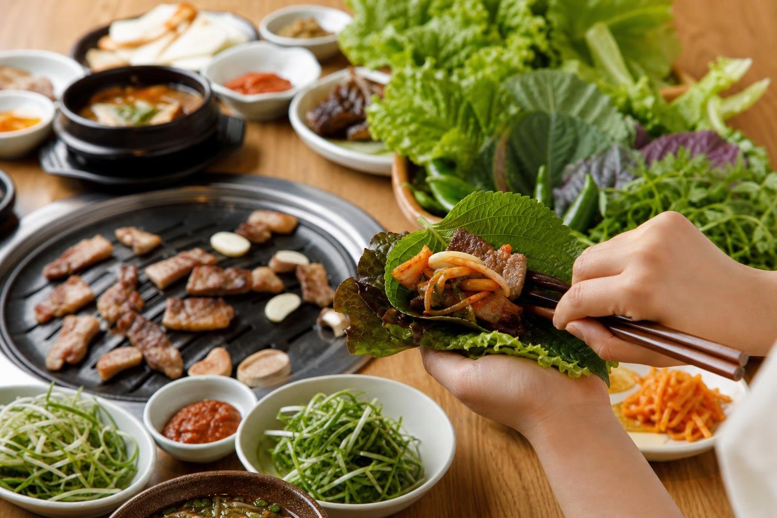 Original editorial illustration for Korean ssam lettuce wrap restaurant licensed photo