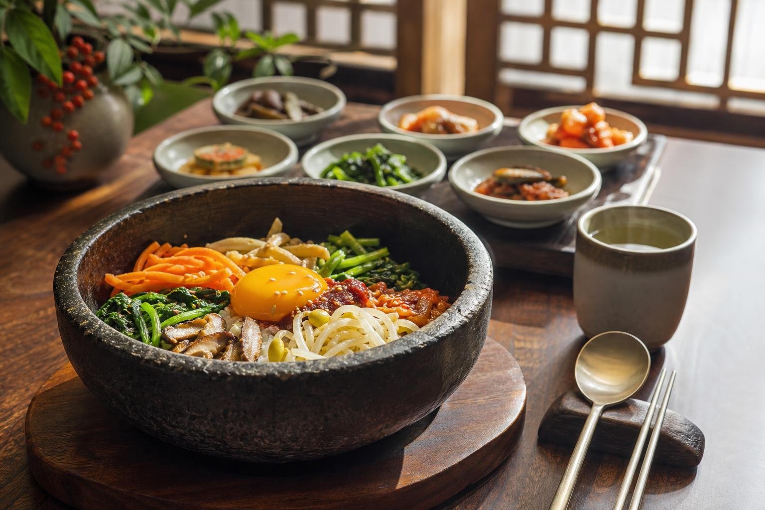Original editorial illustration for Korean restaurant bibimbap table licensed photo