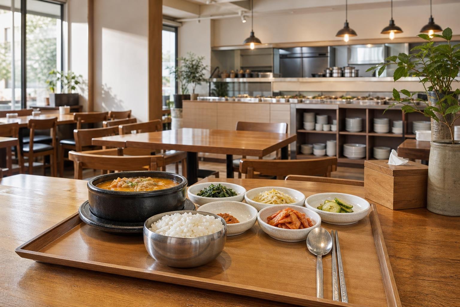 Original editorial illustration for Korean cafeteria homestyle meal restaurant