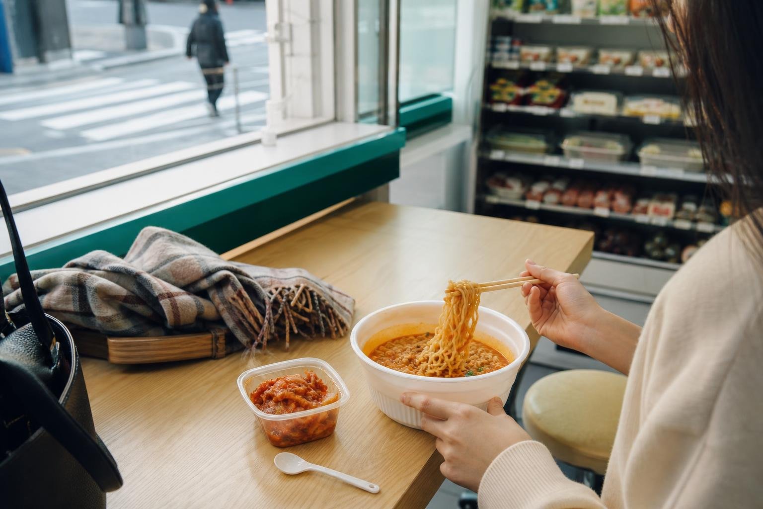 Original editorial illustration for Korean convenience store food table ramen