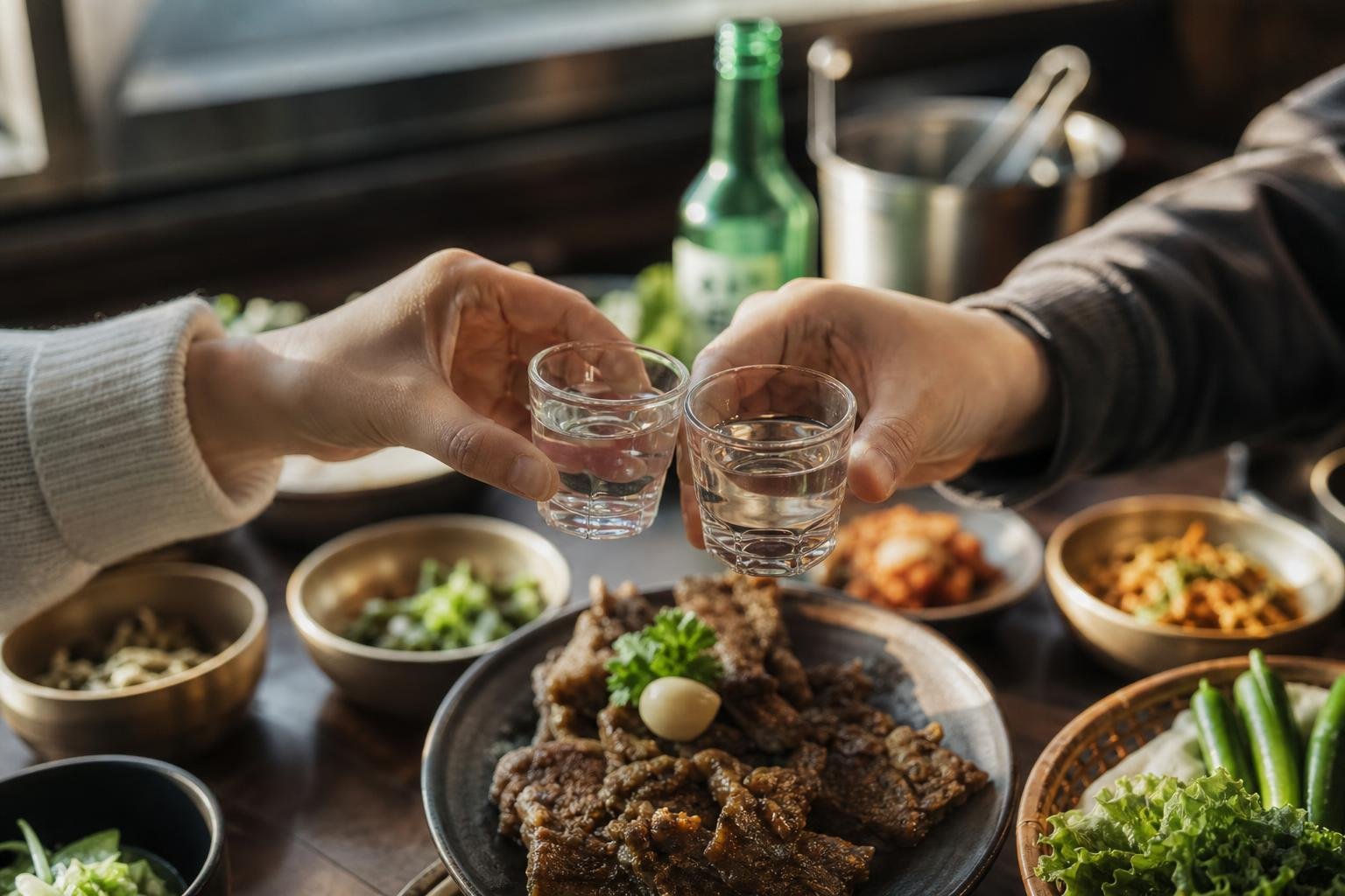 Original editorial illustration for Korean soju glasses restaurant table editorial photo