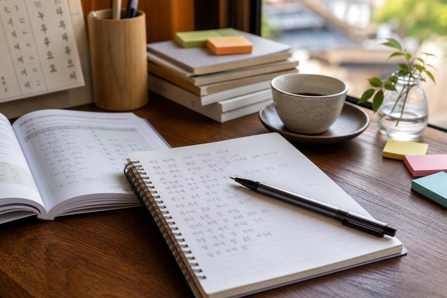 Original editorial illustration for Korean language study notebook pen editorial photo