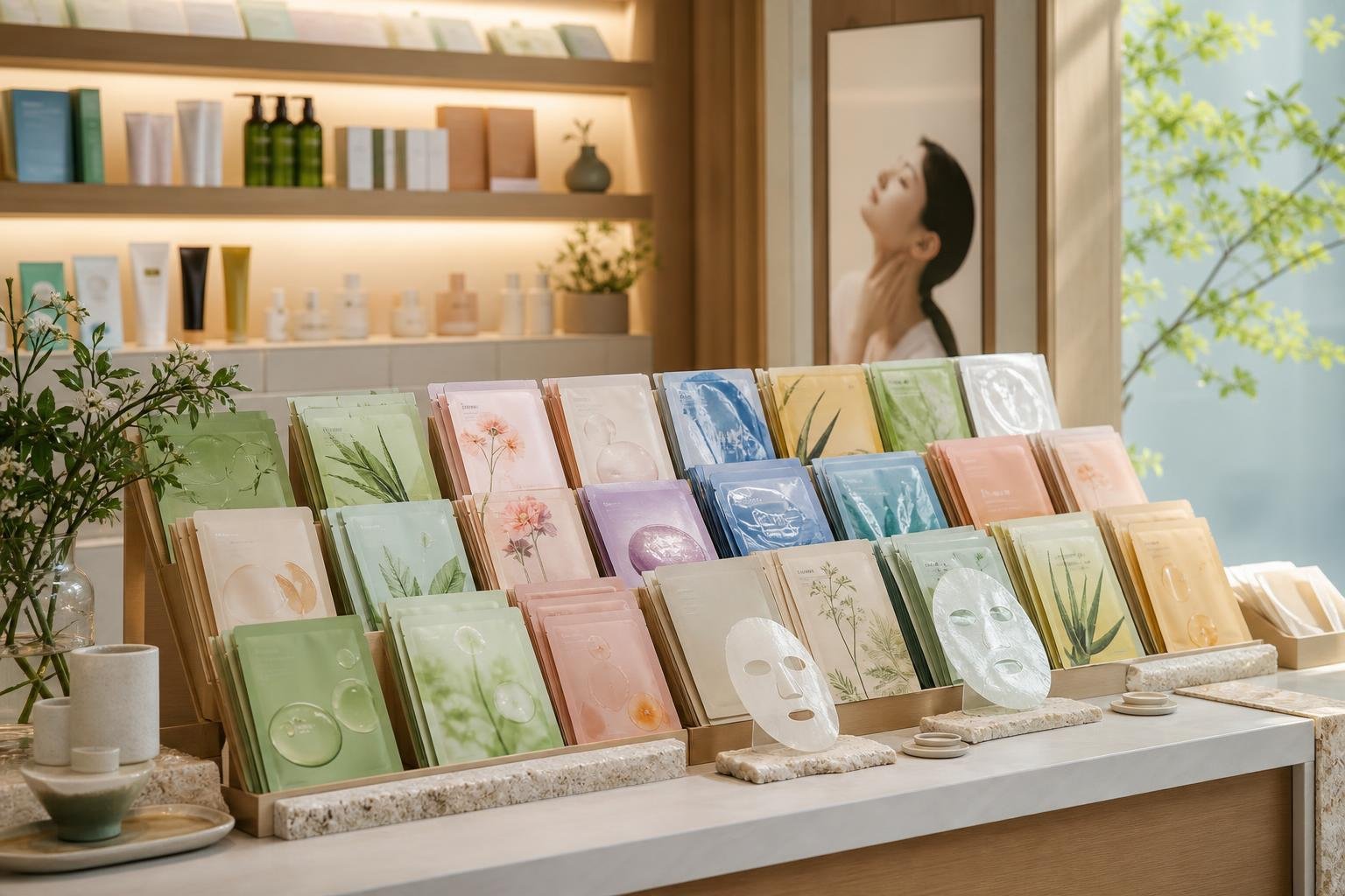 Original editorial illustration for Korean skincare face mask retail display editorial