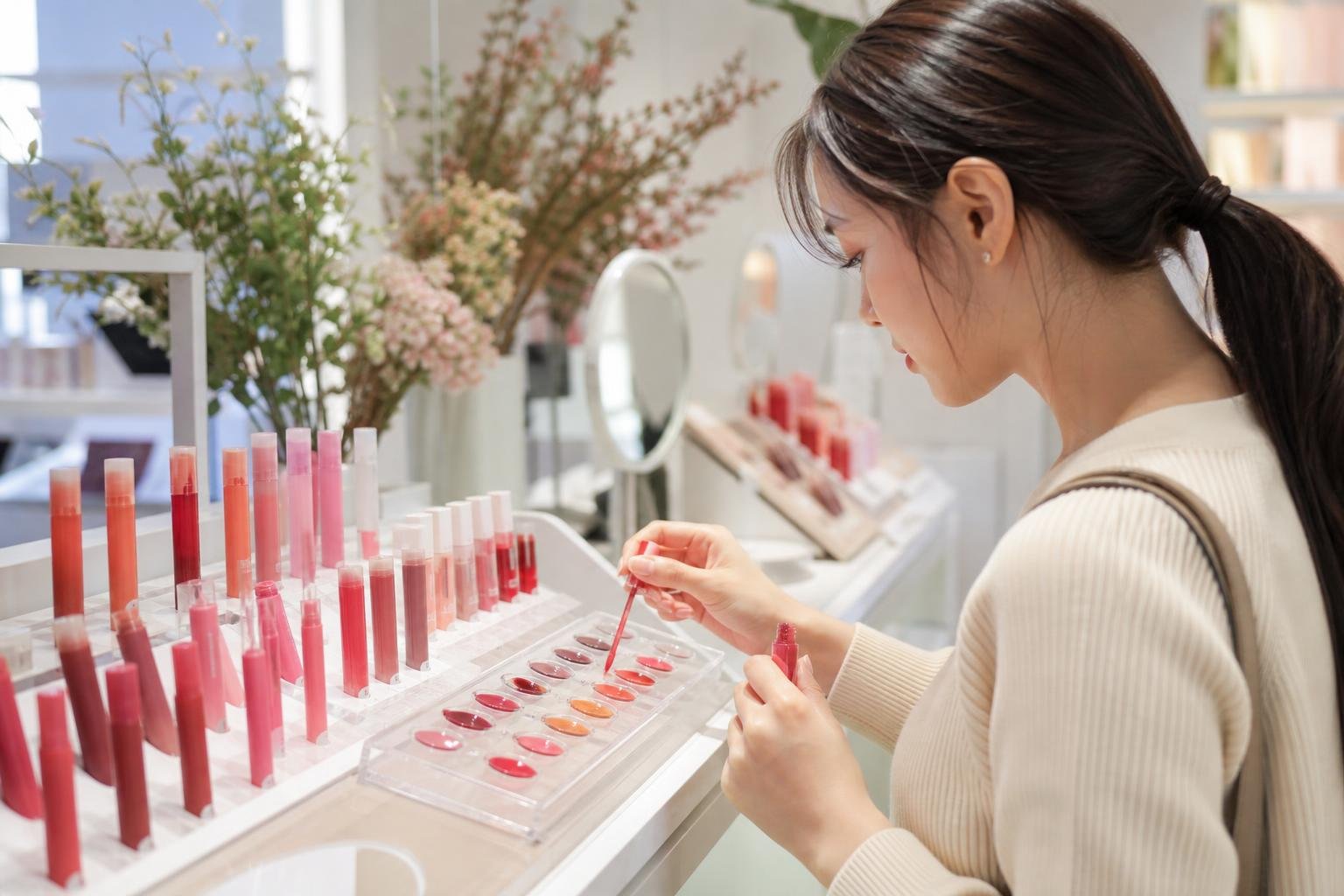 Original editorial illustration for lip tint tester beauty store editorial