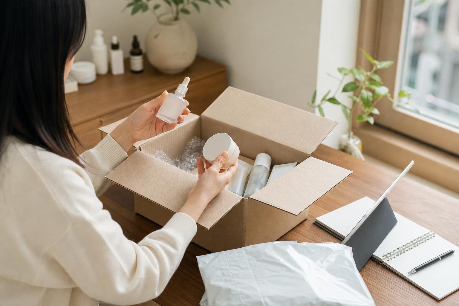 Original editorial illustration for online beauty shopping parcel return policy editorial
