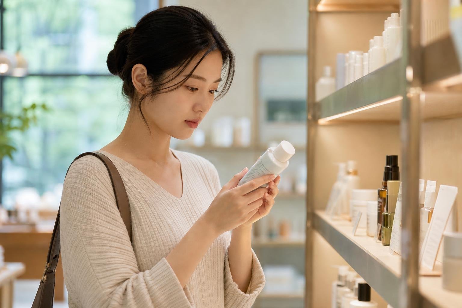 Original editorial illustration for Asian beauty shopper reading skincare ingredient label editorial