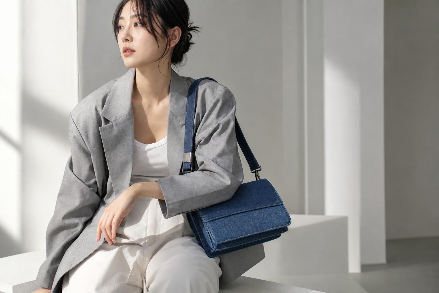 Original editorial illustration for structured shoulder bag denim texture Korean fashion editorial