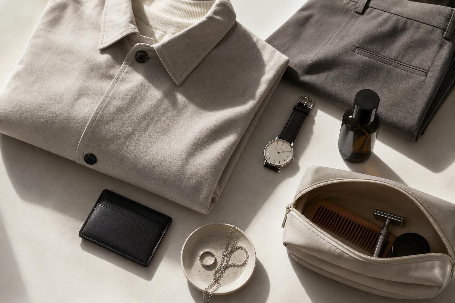Original editorial illustration for minimalist fashion flat lay simple accessories grooming tool